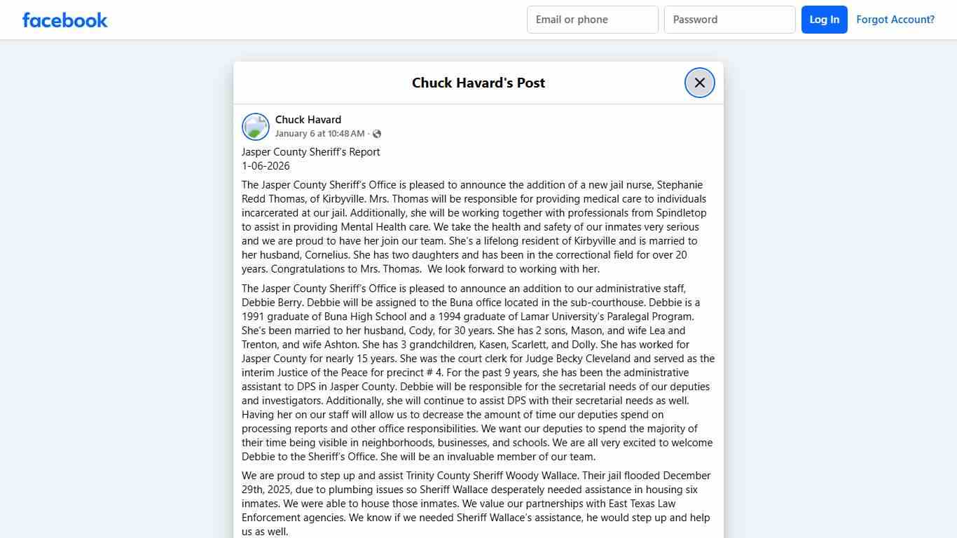 Chuck Havard - Jasper County Sheriff’s Report 1-06-2026... | Facebook